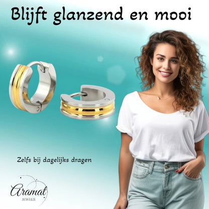 RVS Bicolor Creolen Goud Zilver 20mm - Huggie Oorringen Unisex - Aramat Jewels - Oorringen - cadeautip
