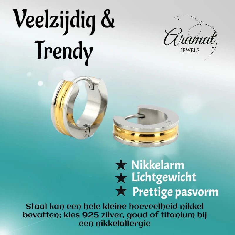 RVS Bicolor Creolen Goud Zilver 20mm - Huggie Oorringen Unisex - Aramat Jewels - Oorringen - cadeautip