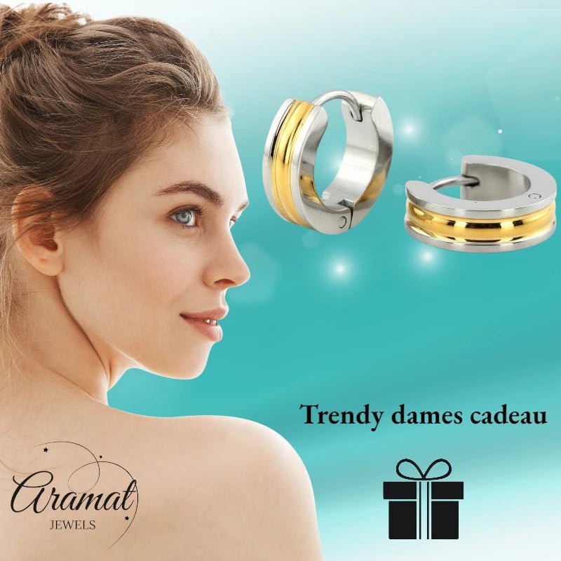 RVS Bicolor Creolen Goud Zilver 20mm - Huggie Oorringen Unisex - Aramat Jewels - Oorringen - cadeautip