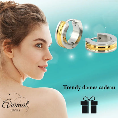 RVS Bicolor Creolen Goud Zilver 20mm - Huggie Oorringen Unisex - Aramat Jewels - Oorringen - cadeautip