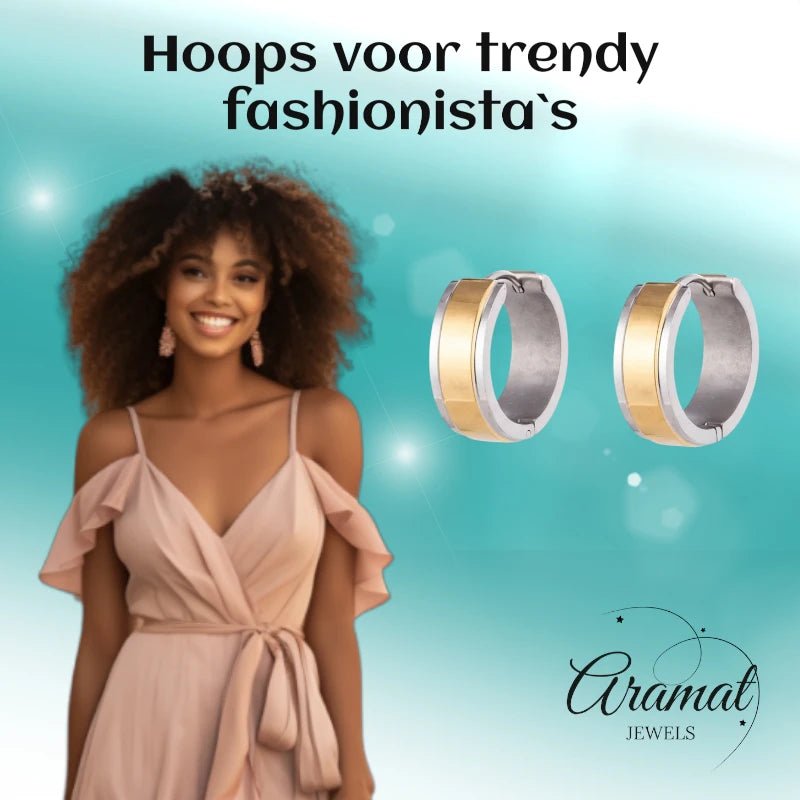 RVS Bicolor Huggie Creolen Brede Streep 20mm - Goud Zilver Unisex - Aramat Jewels - Oorringen - cadeautip