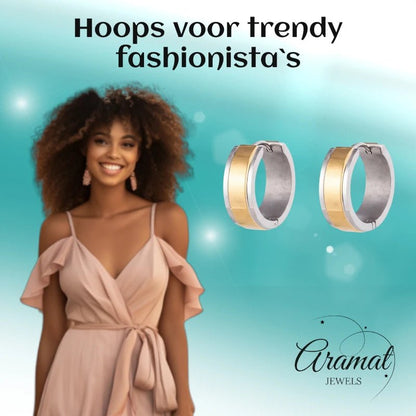RVS Bicolor Huggie Creolen Brede Streep 20mm - Goud Zilver Unisex - Aramat Jewels - Oorringen - cadeautip