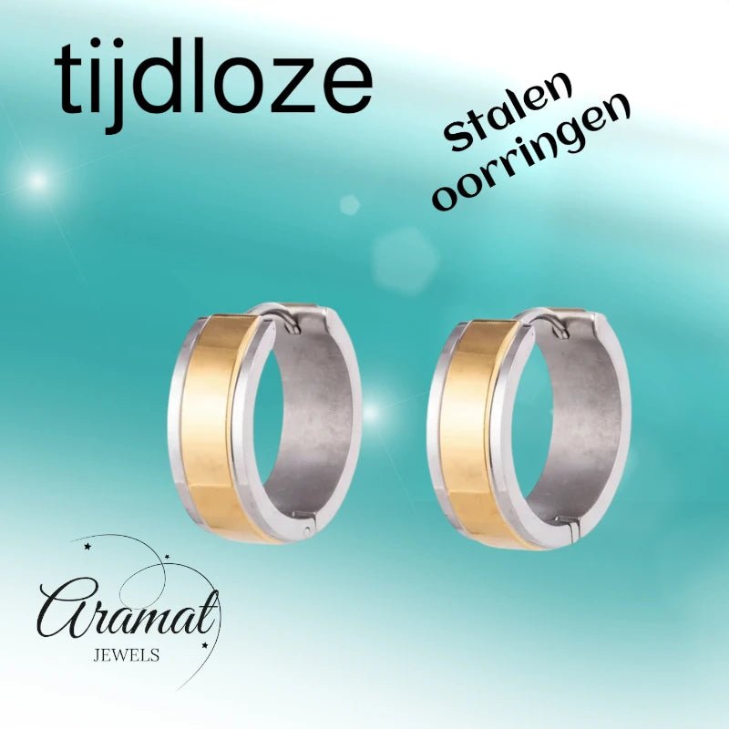 RVS Bicolor Huggie Creolen Brede Streep 20mm - Goud Zilver Unisex - Aramat Jewels - Oorringen - cadeautip