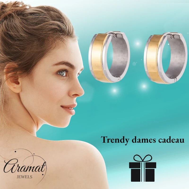 RVS Bicolor Huggie Creolen Brede Streep 20mm - Goud Zilver Unisex - Aramat Jewels - Oorringen - cadeautip