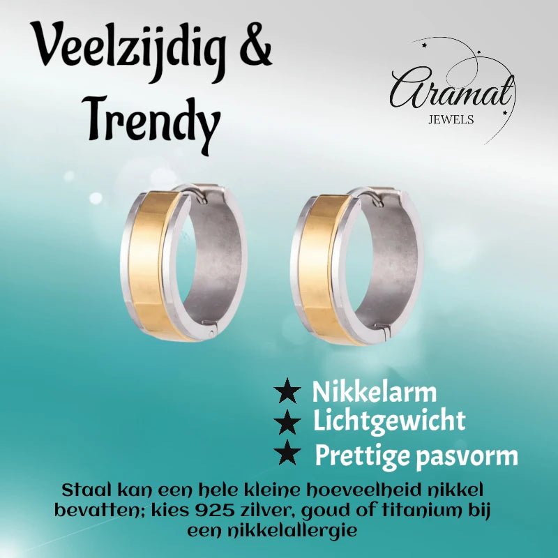 RVS Bicolor Huggie Creolen Brede Streep 20mm - Goud Zilver Unisex - Aramat Jewels - Oorringen - cadeautip