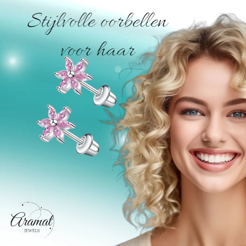 RVS Bloem Oorbellen - Roze Zirkonia 8mm - schroefsluiting - oor6278 - 72447 - Oorbellen kopen# - 8mm - alles - bloem