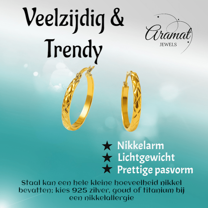 RVS Creolen Ruitjes Goudkleur 30mm - Grote Hoepel Oorbellen - Aramat Jewels - Oorringen - cadeautip