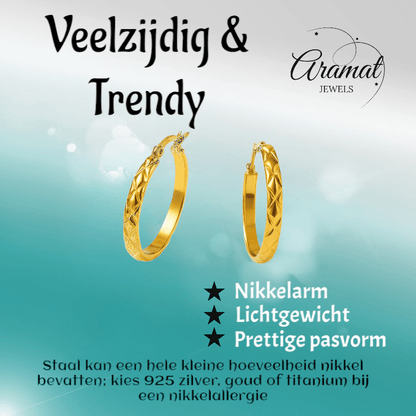 RVS Creolen Ruitjes Goudkleur 30mm - Grote Hoepel Oorbellen - Aramat Jewels - Oorringen - cadeautip