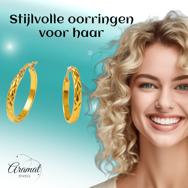 RVS Creolen Ruitjes Goudkleur 30mm - Grote Hoepel Oorbellen - Aramat Jewels - Oorringen - cadeautip