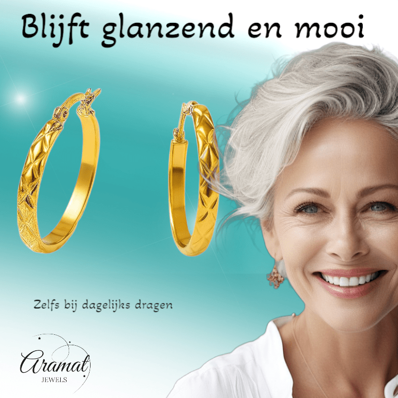 RVS Creolen Ruitjes Goudkleur 30mm - Grote Hoepel Oorbellen - Aramat Jewels - Oorringen - cadeautip