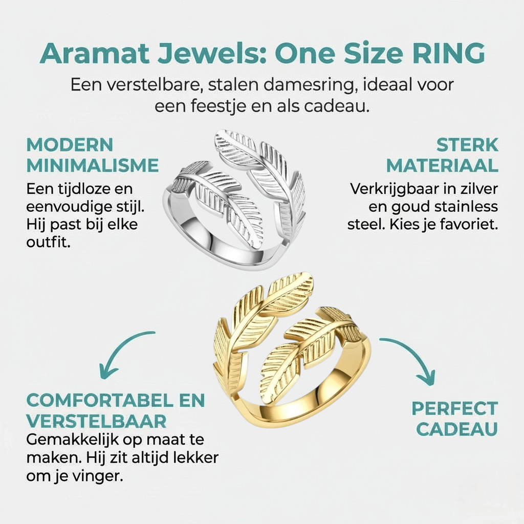 RVS Damesring Verstelbaar – Brede Open Veertjesvorm – 15 mm - Aramat Jewels - Ringen - cadeautip