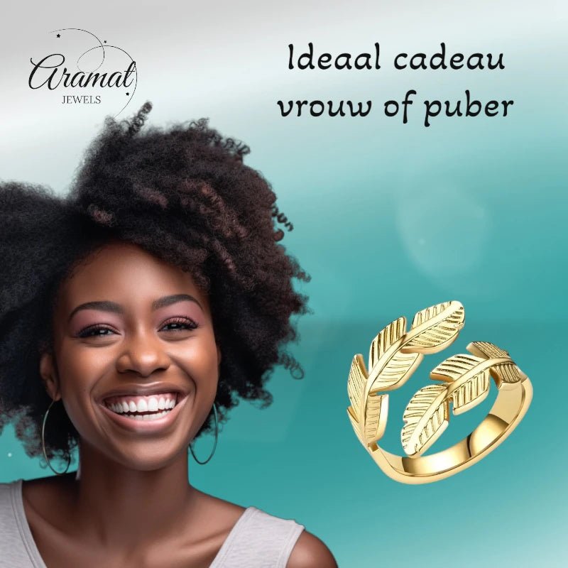 RVS Damesring Verstelbaar – Brede Open Veertjesvorm – 15 mm - ring348 - 2990 - Ringen kopen# - Goudkleur - alles - boho