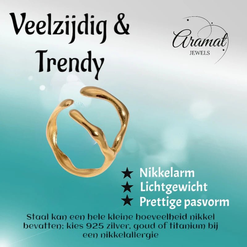 RVS Damesring Verstelbaar – Grillige Brede Open Ring – 16 mm - ring346 - 73897 - Ringen kopen# - Goudkleur - alles - boho