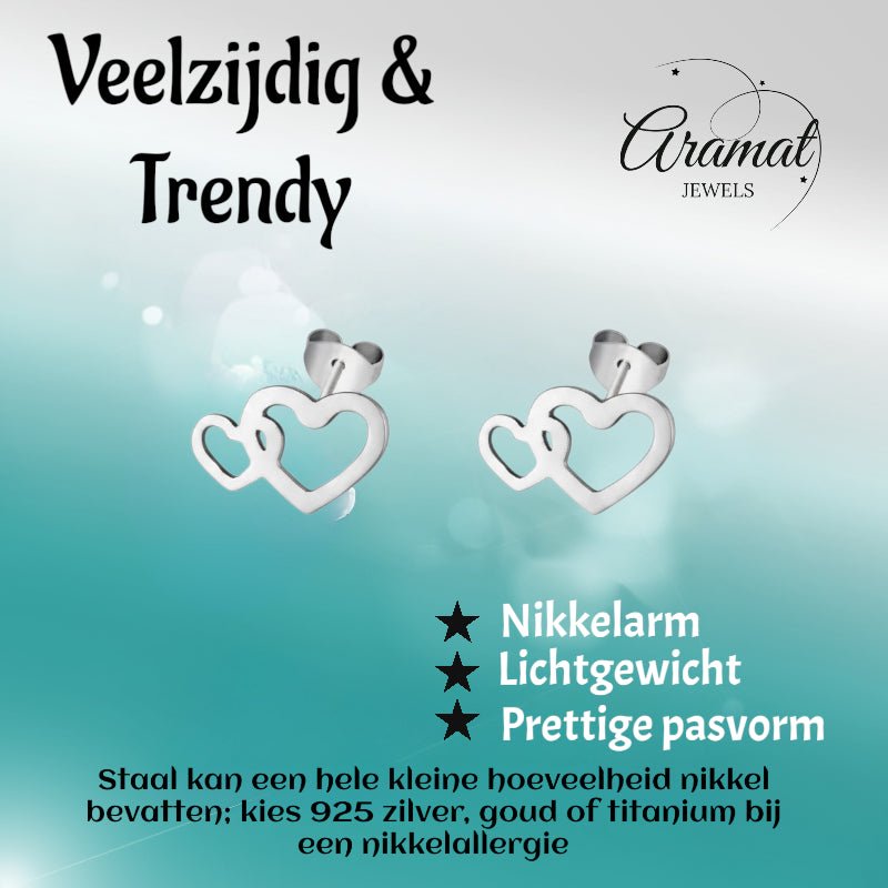 RVS Dubbele Hartjes Oorstekers Zilver 12x8mm - Aramat Jewels - Oorbellen - cadeautip