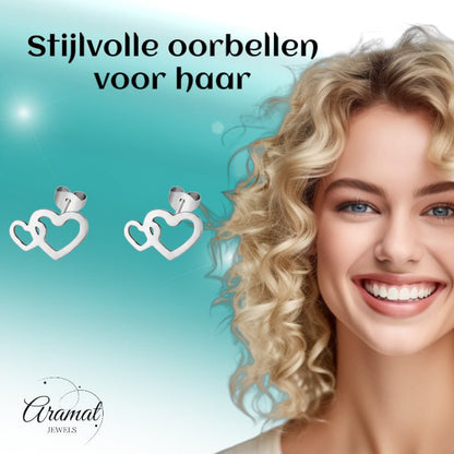 RVS Dubbele Hartjes Oorstekers Zilver 12x8mm - Aramat Jewels - Oorbellen - cadeautip