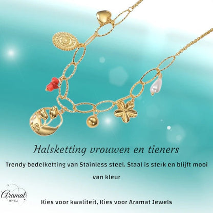 RVS Goudkleurige bedelketting – parel & natuursteen - ket1159 - 769524 - Halskettingen kopen# - 45cm - alles - Bedelketting