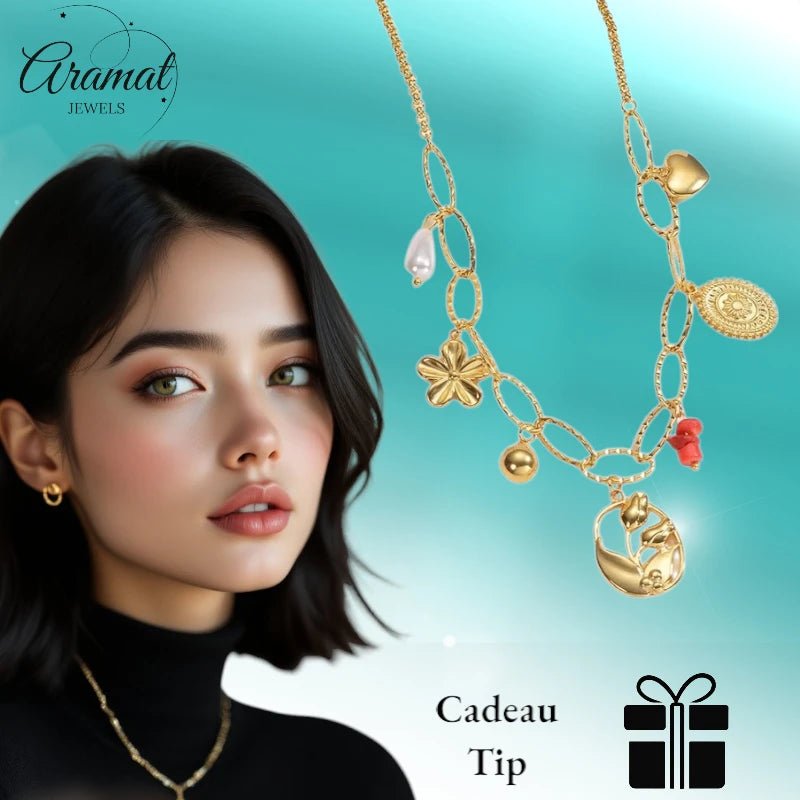 RVS Goudkleurige bedelketting – parel & natuursteen - ket1159 - 769524 - Halskettingen kopen# - 45cm - alles - Bedelketting