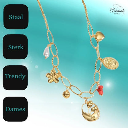 RVS Goudkleurige bedelketting – parel & natuursteen - ket1159 - 769524 - Halskettingen kopen# - 45cm - alles - Bedelketting