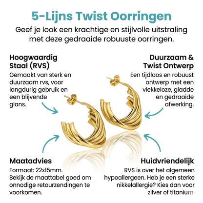 RVS Goudkleurige Halve Oorringen 22x15mm - 5 Lijnen Twist - Aramat Jewels - Oorbellen - cadeautip