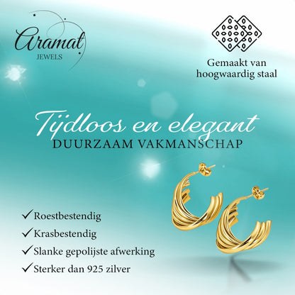 RVS Goudkleurige Halve Oorringen 22x15mm - 5 Lijnen Twist - Aramat Jewels - RVS Sieraden - Oorbellen - cadeautip