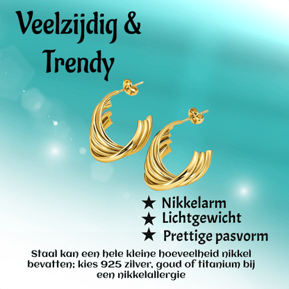 RVS Goudkleurige Halve Oorringen 22x15mm - 5 Lijnen Twist - Aramat Jewels - RVS Sieraden - Oorbellen - cadeautip