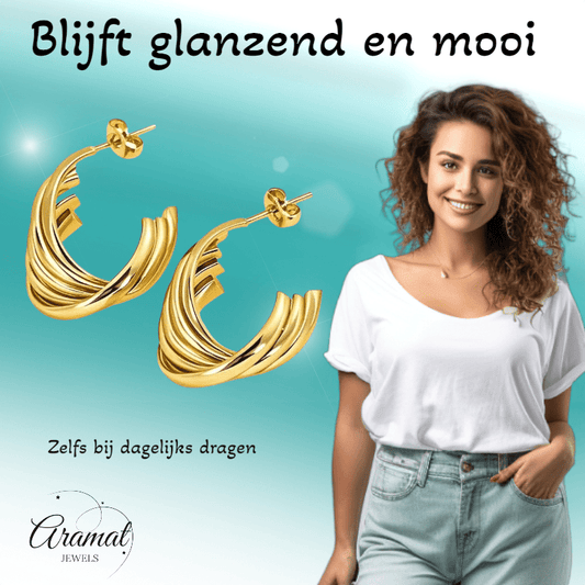 RVS Goudkleurige Halve Oorringen 22x15mm - 5 Lijnen Twist - Aramat Jewels - RVS Sieraden - Oorbellen - cadeautip