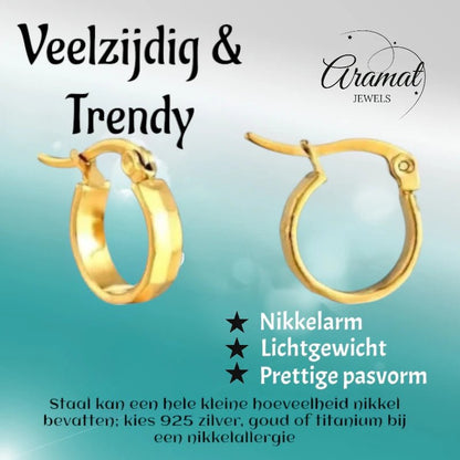 RVS Goudkleurige Oorringetjes 10mm - Blokjesmotief - oor2001 - Oorringen kopen