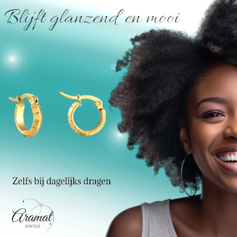 RVS Goudkleurige Oorringetjes 10mm - streepmotief - oor4780 - fg - Oorringen kopen