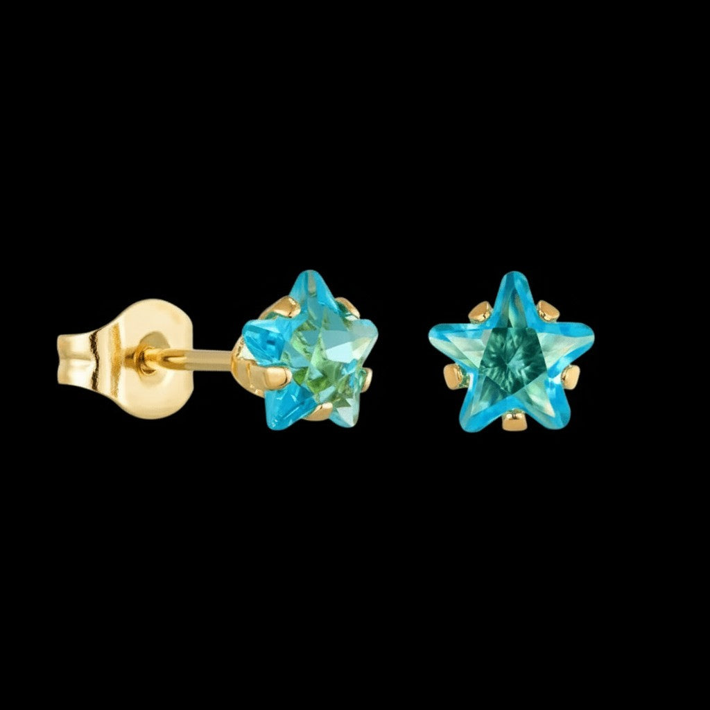 RVS Goudkleurige Ster Oorbellen Met Blauwe Zirkonia