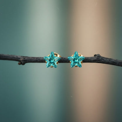 RVS Goudkleurige Ster Oorbellen Met Blauwe Zirkonia