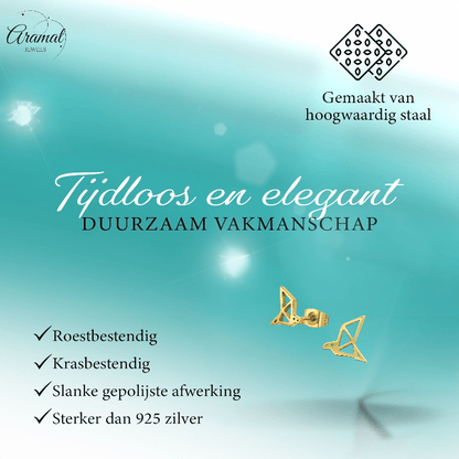 RVS Goudkleurige Vogel Oorbellen Origami - Aramat Jewels - Oorbellen - cadeautip
