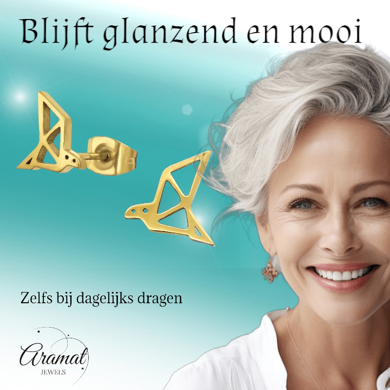 RVS Goudkleurige Vogel Oorbellen Origami - Aramat Jewels - Oorbellen - cadeautip