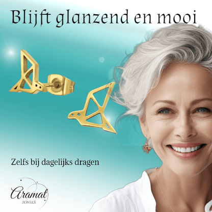 RVS Goudkleurige Vogel Oorbellen Origami - Aramat Jewels - Oorbellen - cadeautip