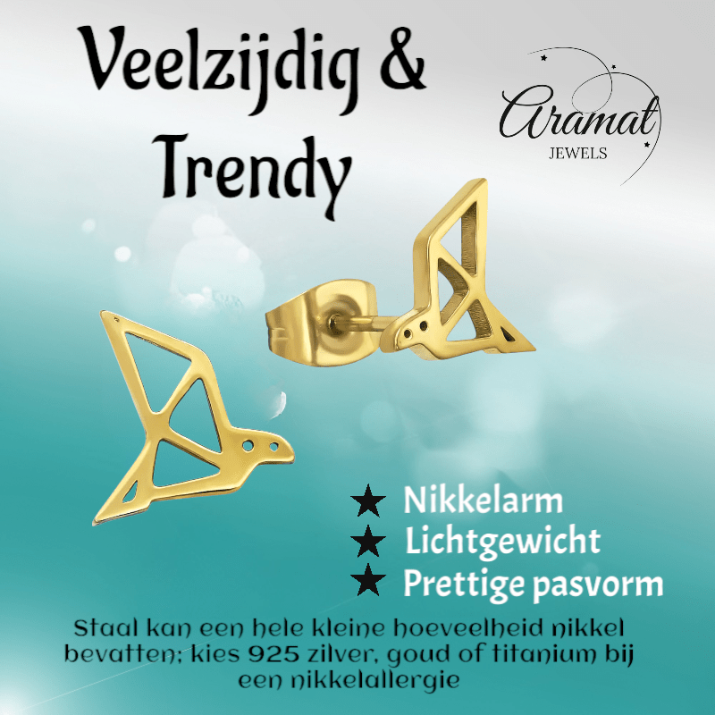 RVS Goudkleurige Vogel Oorbellen Origami - Aramat Jewels - Oorbellen - cadeautip