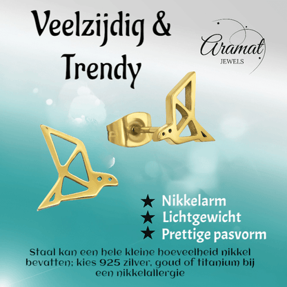 RVS Goudkleurige Vogel Oorbellen Origami - Aramat Jewels - Oorbellen - cadeautip