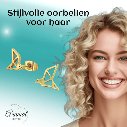 RVS Goudkleurige Vogel Oorbellen Origami - Aramat Jewels - Oorbellen - cadeautip