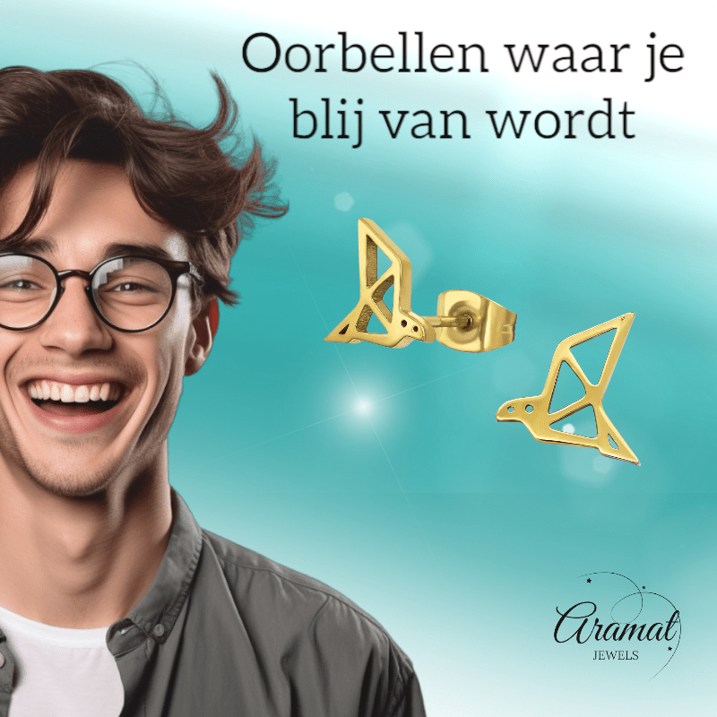 RVS Goudkleurige Vogel Oorbellen Origami - Aramat Jewels - Oorbellen - cadeautip
