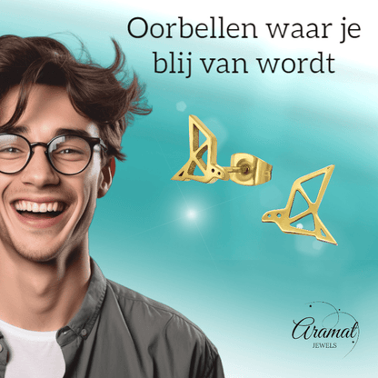 RVS Goudkleurige Vogel Oorbellen Origami - Aramat Jewels - Oorbellen - cadeautip