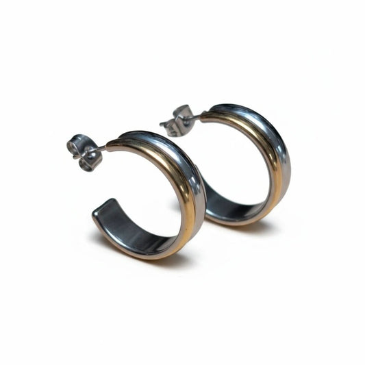 RVS Half - Hoop Oorbellen Bicolor Goud Zilver 23mm - Dames - Aramat Jewels - Oorringen - cadeautip
