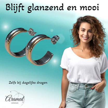 RVS Half - Hoop Oorbellen Bicolor Goud Zilver 23mm - Dames - Aramat Jewels - Oorringen - cadeautip