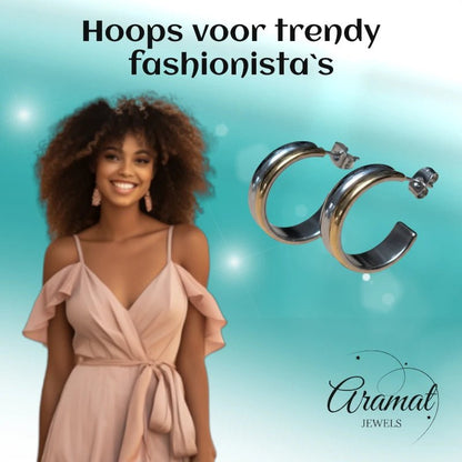 RVS Half - Hoop Oorbellen Bicolor Goud Zilver 23mm - Dames - Aramat Jewels - Oorringen - cadeautip
