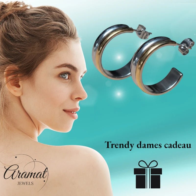 RVS Half - Hoop Oorbellen Bicolor Goud Zilver 23mm - Dames - Aramat Jewels - Oorringen - cadeautip