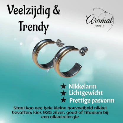 RVS Half - Hoop Oorbellen Bicolor Goud Zilver 23mm - Dames - Aramat Jewels - Oorringen - cadeautip