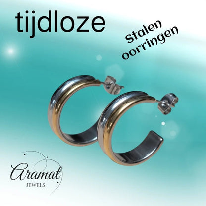 RVS Half - Hoop Oorbellen Bicolor Goud Zilver 23mm - Dames - Aramat Jewels - Oorringen - cadeautip