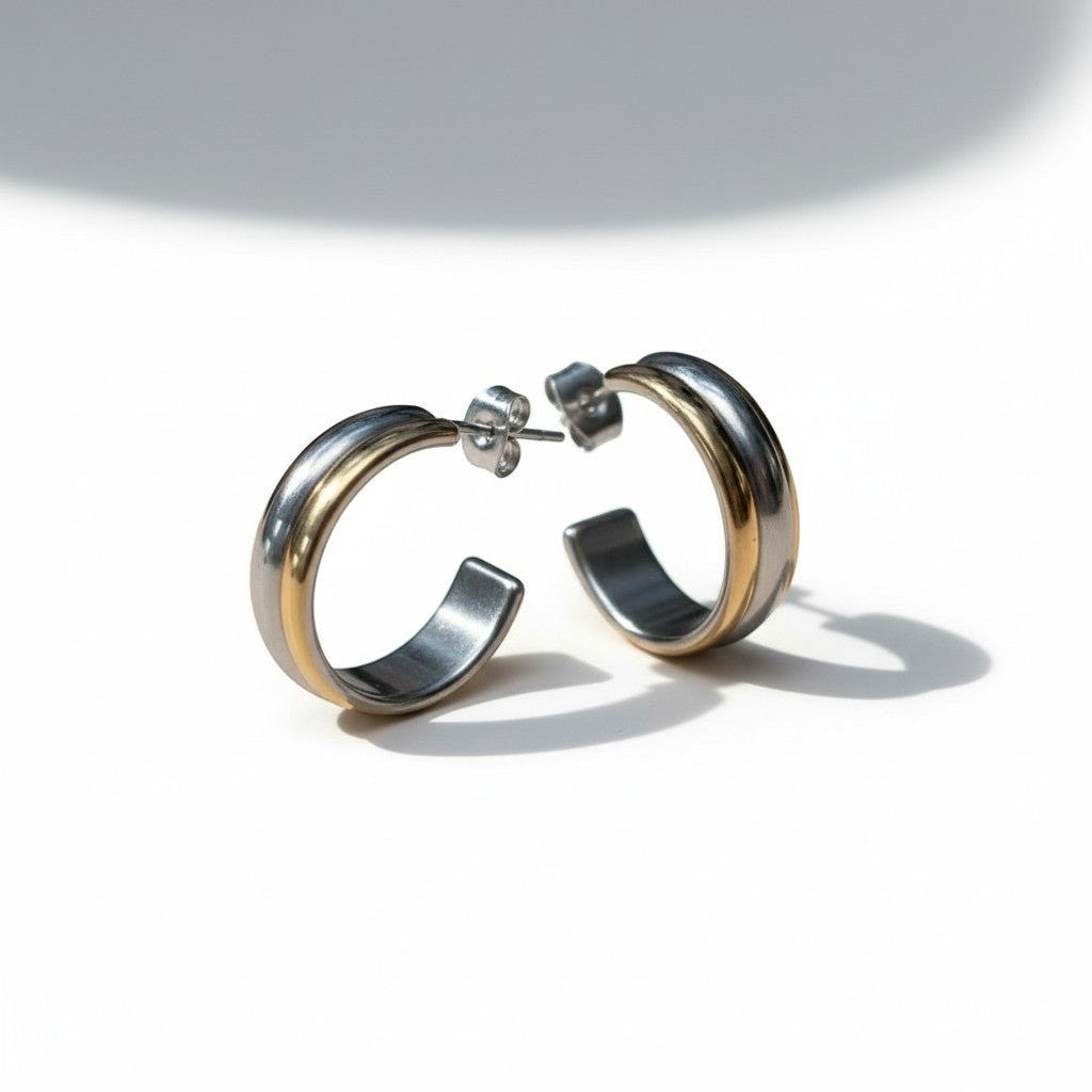 RVS Half - Hoop Oorbellen Bicolor Goud Zilver 23mm - Dames - Aramat Jewels - Oorringen - cadeautip