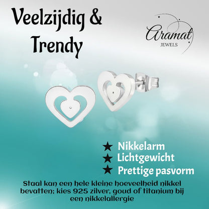 RVS Hart Oorstekers Zilver 11x9mm Opengewerkt - Aramat Jewels - Oorbellen - cadeautip