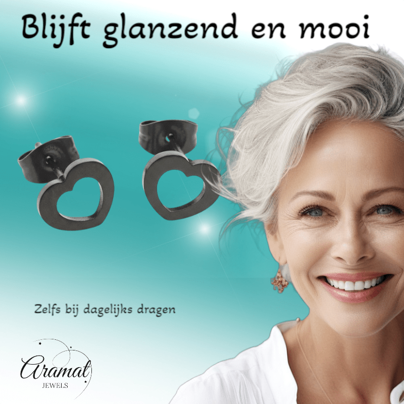 RVS Hartjes Oorbellen Zwart 9x8mm Open Stoer - Aramat Jewels - Oorbellen - cadeautip