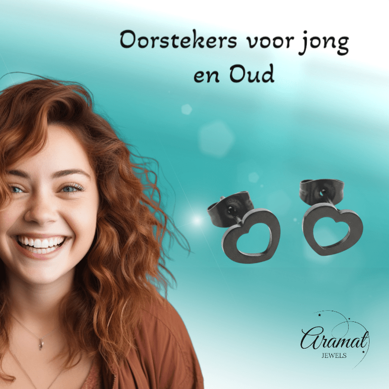 RVS Hartjes Oorbellen Zwart 9x8mm Open Stoer - Aramat Jewels - Oorbellen - cadeautip