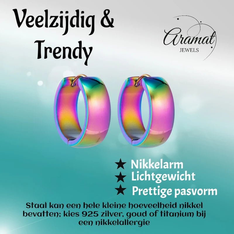 RVS Huggie Oorringen Glad Regenboogkleur 20mm - Unisex - Aramat Jewels - Oorringen - cadeautip