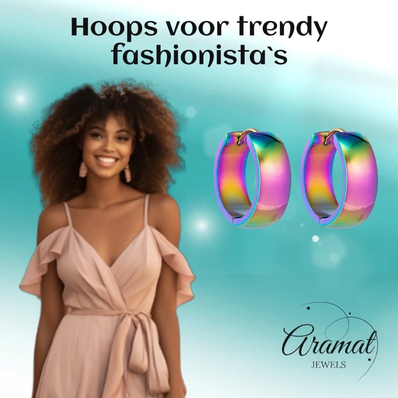 RVS Huggie Oorringen Glad Regenboogkleur 20mm - Unisex - Aramat Jewels - Oorringen - cadeautip